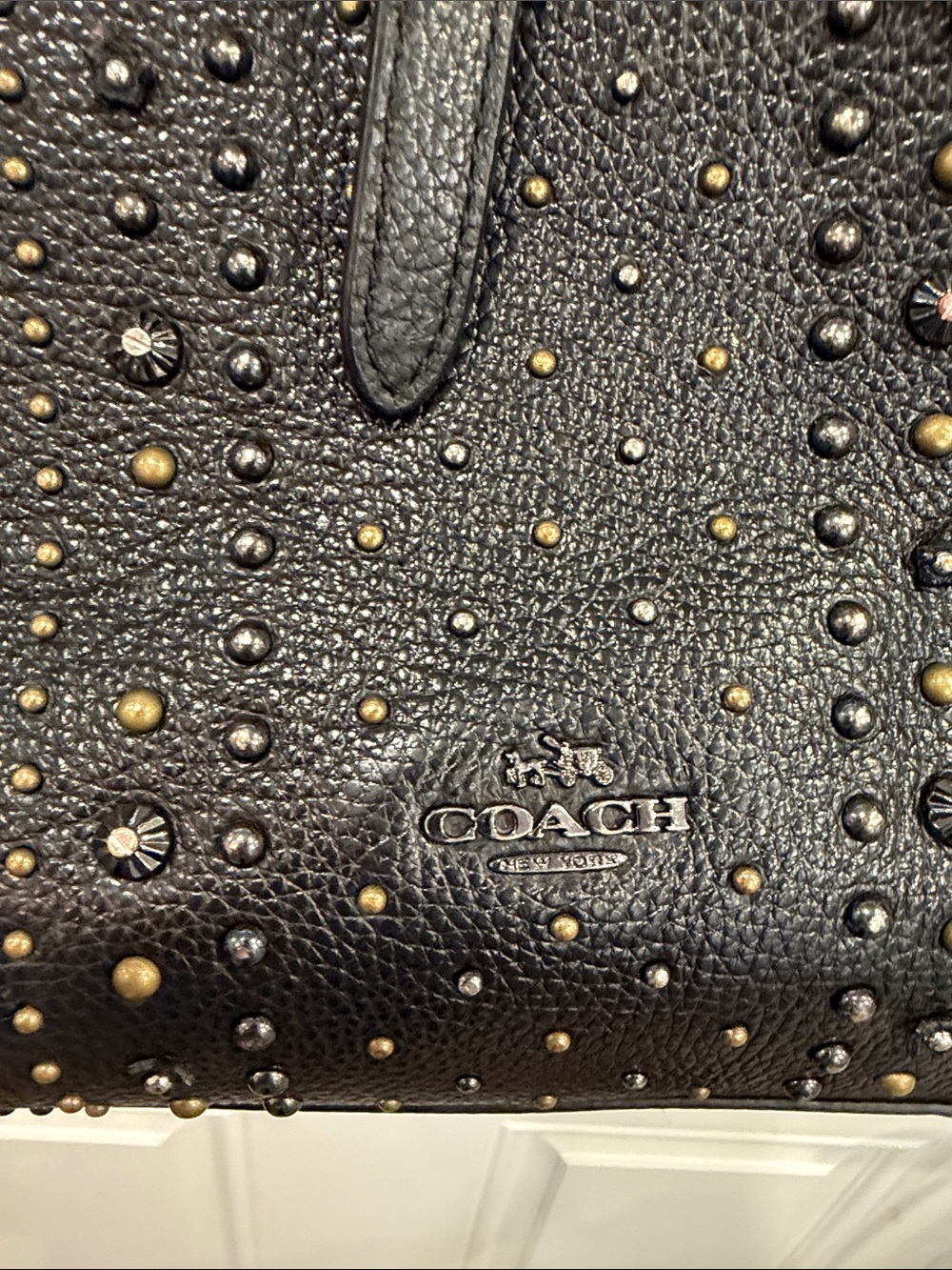 COACH Black Pebbled Leather Studded Tote with Mixed Metal Accents